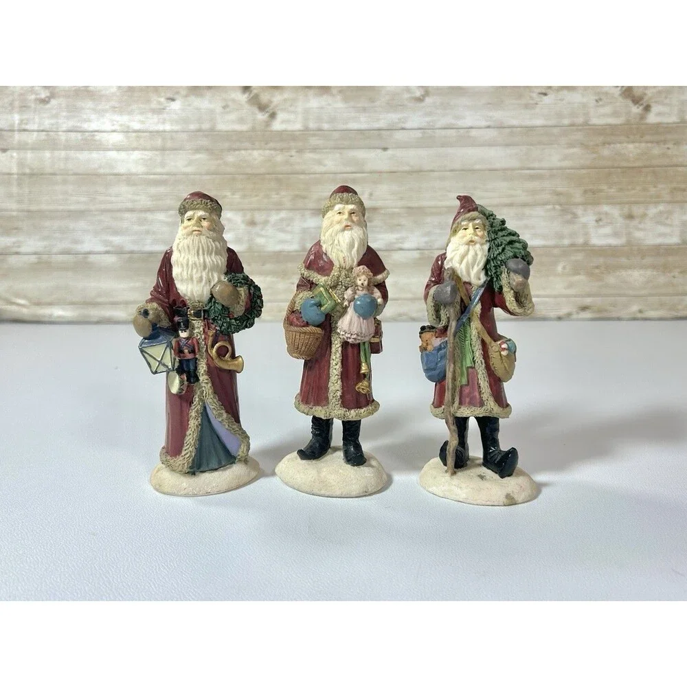 Set, 3 Hand Painted Ceramic ST NICHOLAS SANTA Christmas Figurines Holding Gifts